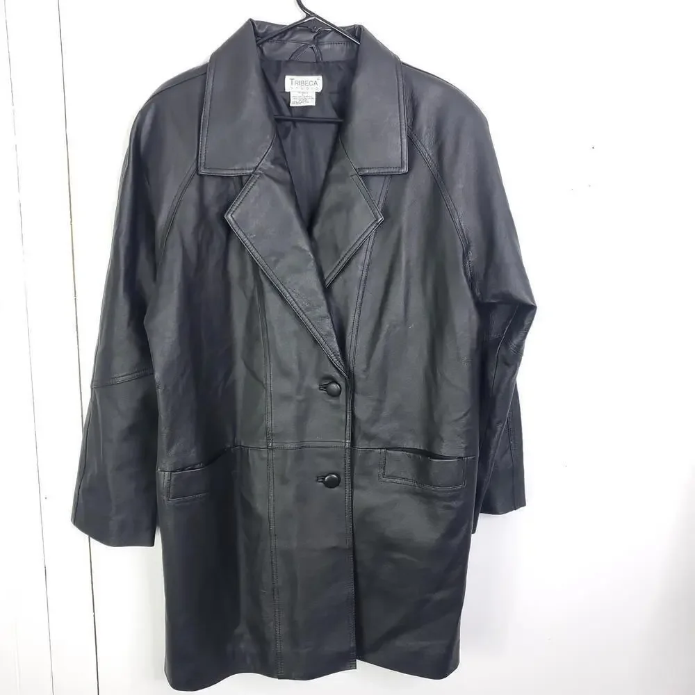 Tribeca Studio Leather Coat Womens Large Mid Length Black Minimalist Classic